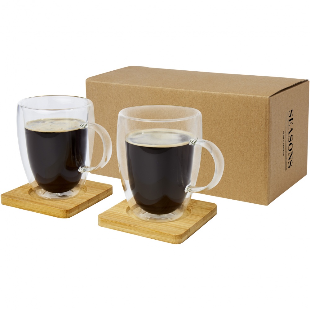 Logo trade promotional item photo of: Manti 2-piece 350 ml double-wall glass cup with bamboo coaster 