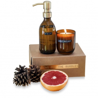 Logotrade promotional product image of: Wellmark Discovery 200 ml hand soap dispenser and 150 g scented candle set - bamboo fragrance