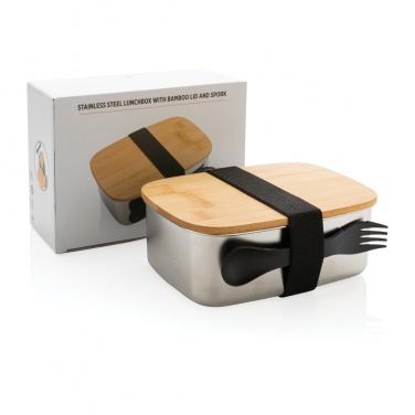 Logo trade promotional merchandise photo of: Stainless steel lunchbox with bamboo lid and spork