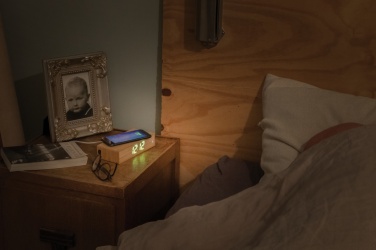 Logotrade promotional product picture of: Bamboo alarm clock with 5W wireless charger