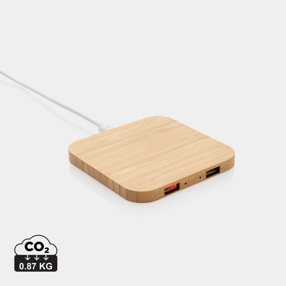 Logo trade business gift photo of: Bamboo 10W wireless charger with USB