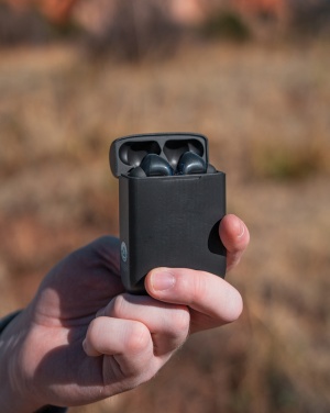 Logo trade promotional product photo of: Skywave RCS recycled plastic solar earbuds