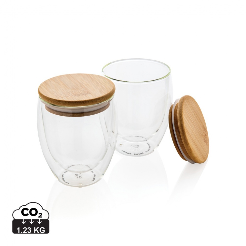 Logotrade promotional gift image of: Double wall borosilicate glass with bamboo lid 250ml 2pc set