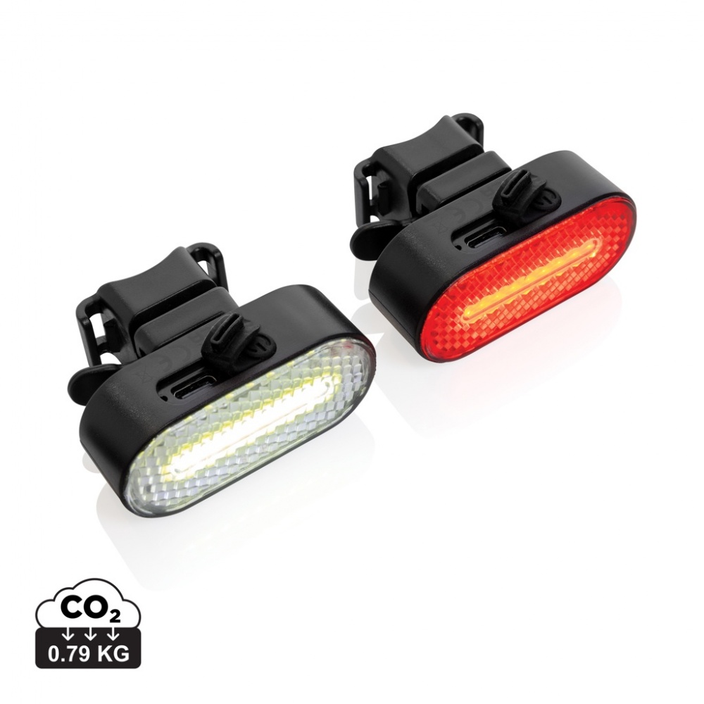 Logo trade promotional items image of: Lumino RCS recycled plastic USB re-chargeable bike light set