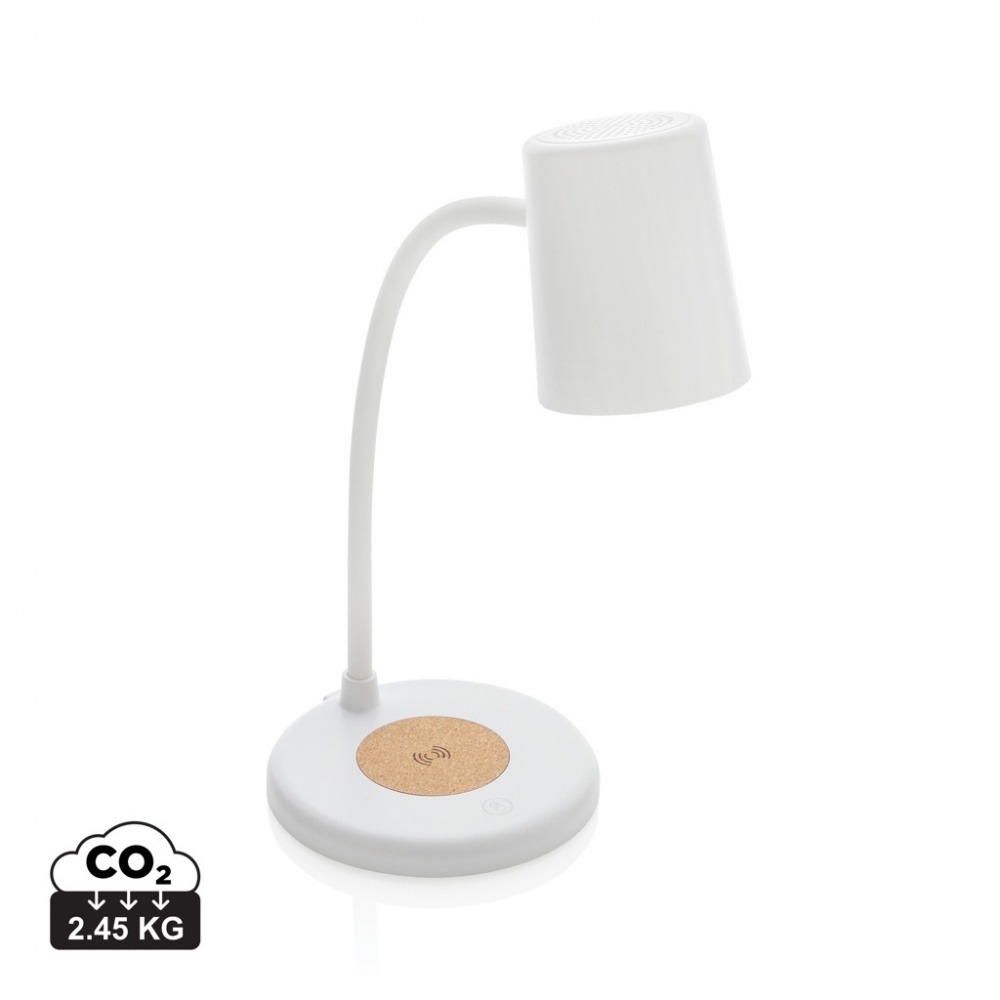 Logotrade promotional item picture of: Zenara RCS recycled plastic and cork 15W wireless desk lamp