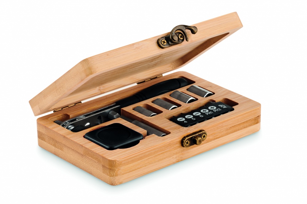 Logo trade promotional gifts picture of: 13 piece tool set, bamboo case