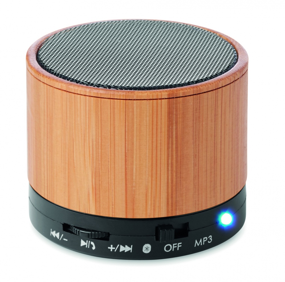 Logo trade business gifts image of: Round Bamboo wireless speaker
