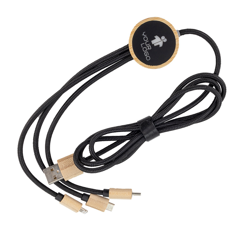 Logo trade advertising products picture of: 3-in-1 cable with elighted logo in a wooden casing, LH-ZMU06