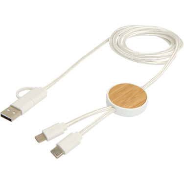 Logo trade advertising product photo of: Chechia 5-in-1 recycled plastic 150 cm data sync and 27W fast charge cable with bamboo details