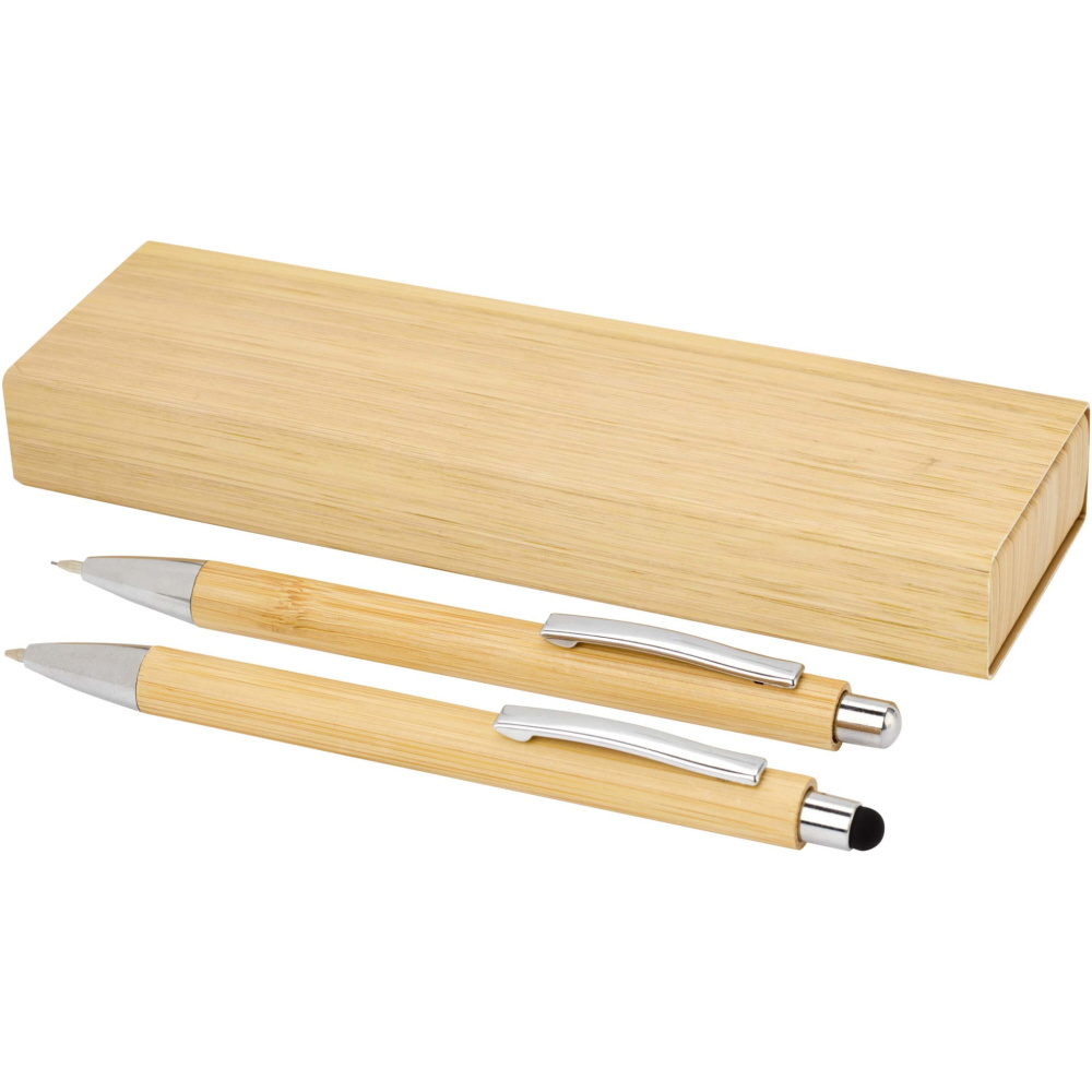 Logo trade promotional merchandise picture of: Oblys bamboo ballpoint pen and mechanical pencil set (black ink)