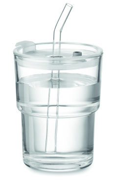 Logo trade promotional items image of: Glass tumbler with straw 400ml