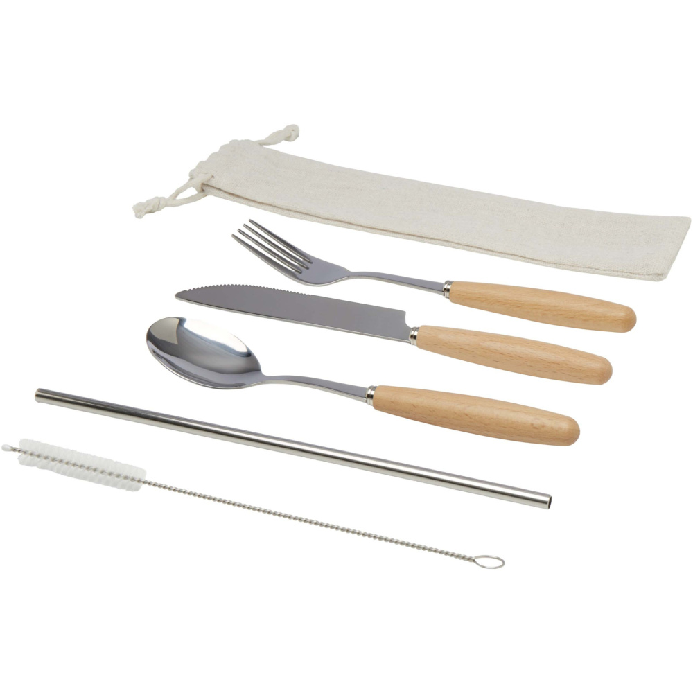 Logo trade promotional gifts picture of: Root 5-piece stainless steel and beech wood cutlery set