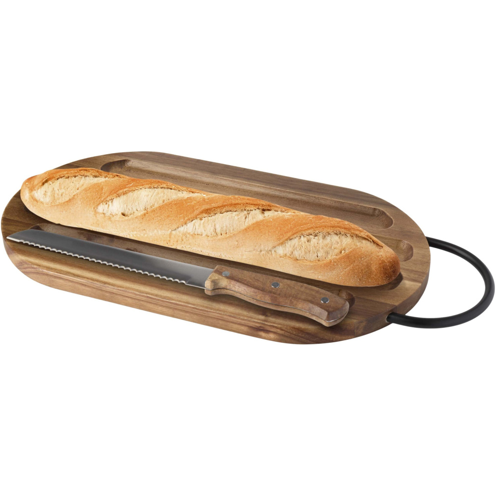 Logo trade business gift photo of: Prestige acacia wood chopping board with bread knife