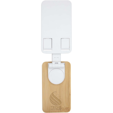 Logo trade business gifts image of: Alfirk recycled plastic foldeable desk phone stand with bamboo details